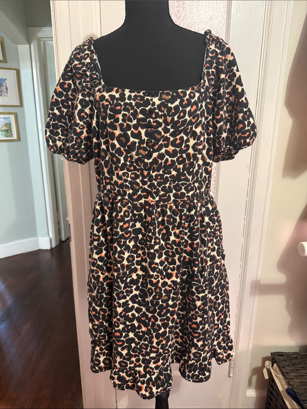 Leopard Print Puff Sleeve Square Neck Mini Dress - Black & Cream